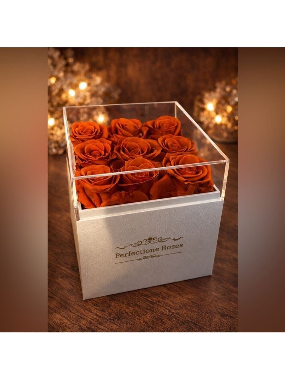 Perfectione Roses • Acrylic Display Box • 9 Preserved Red Orange Eternal Blooms